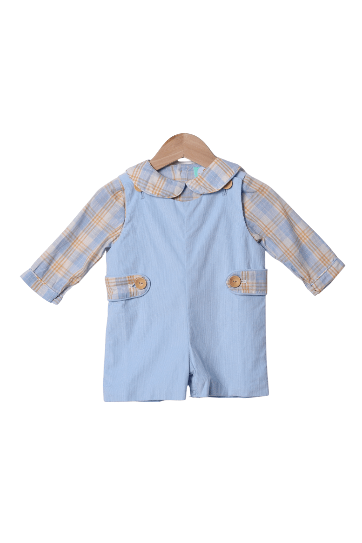 The Smocked Flamingo Apparel & Accessories Blue Plaid Corduroy Two Piece Shortall