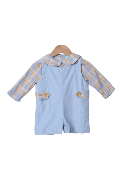 The Smocked Flamingo Apparel & Accessories Blue Plaid Corduroy Two Piece Shortall