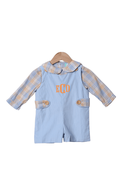 The Smocked Flamingo Apparel & Accessories Blue Plaid Corduroy Two Piece Shortall