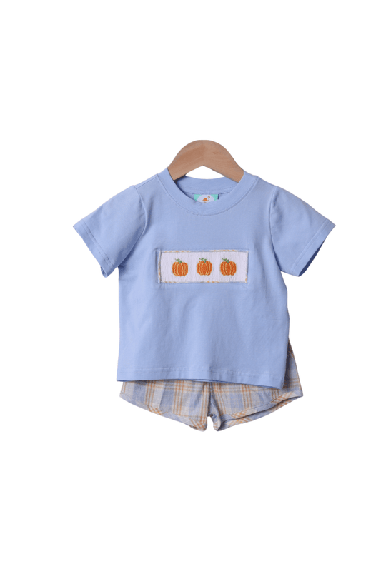 The Smocked Flamingo Apparel & Accessories Blue Plaid Pumpkin Short Set