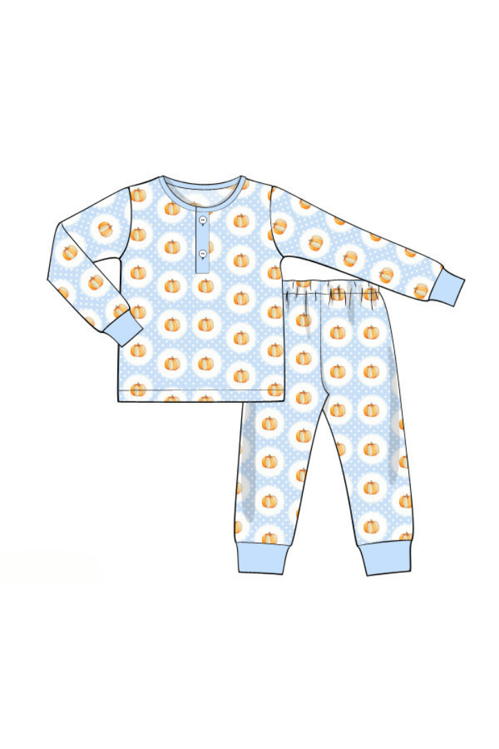 The Smocked Flamingo Apparel & Accessories Blue Pumpkin Long Sleeve Pajamas