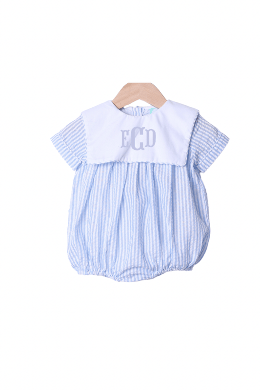 The Smocked Flamingo Apparel & Accessories Blue Seersucker Classic Bib Bubble