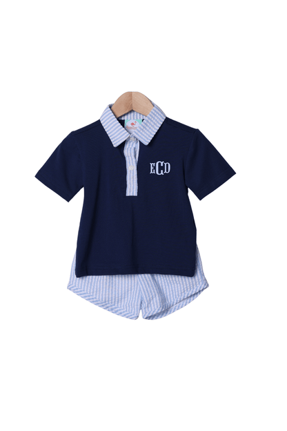 The Smocked Flamingo Apparel & Accessories Blue Seersucker Classic Polo Short Set