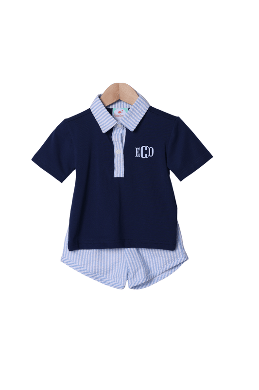 The Smocked Flamingo Apparel & Accessories Blue Seersucker Classic Polo Short Set