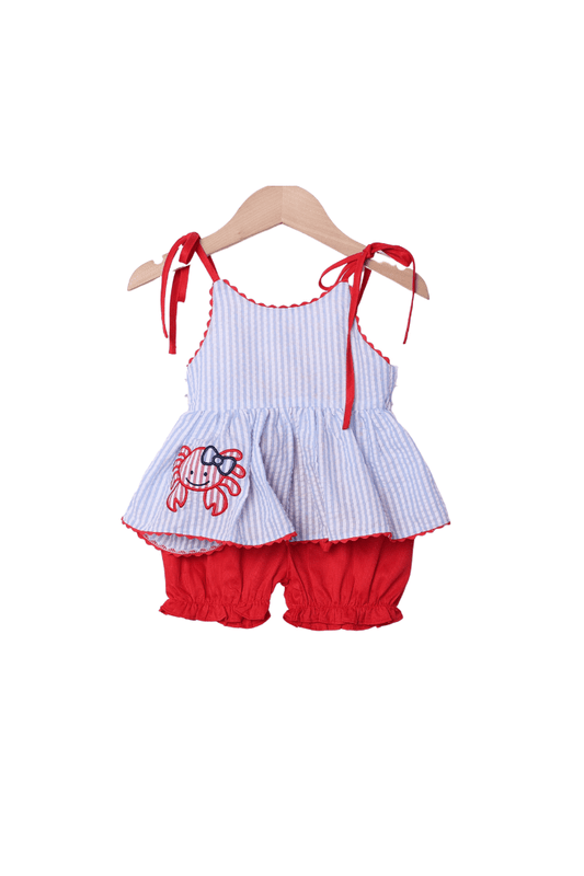 The Smocked Flamingo Apparel & Accessories Blue Seersucker Crab Applique Bloomer Set