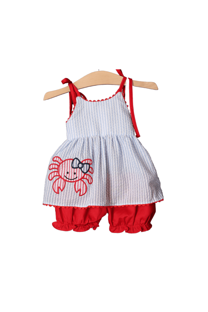 The Smocked Flamingo Apparel & Accessories Blue Seersucker Crab Applique Bloomer Set