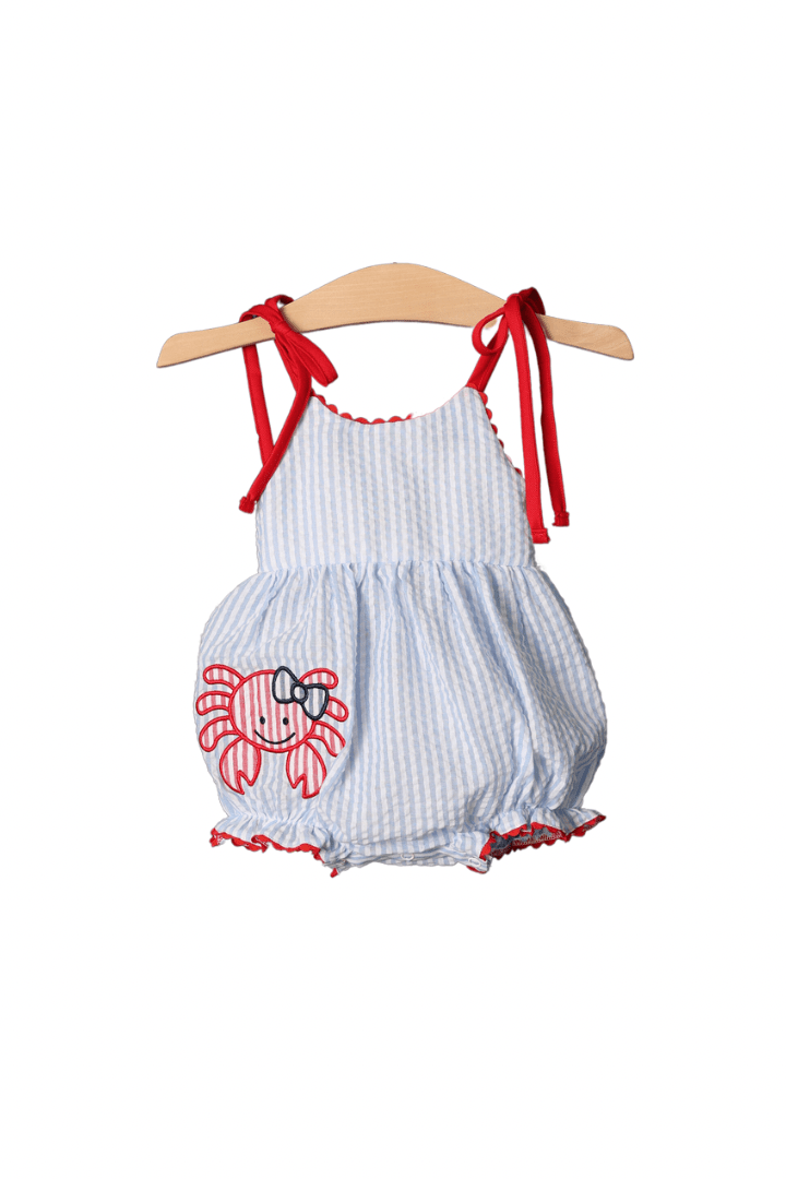 The Smocked Flamingo Apparel & Accessories Blue Seersucker Crab Applique Bubble