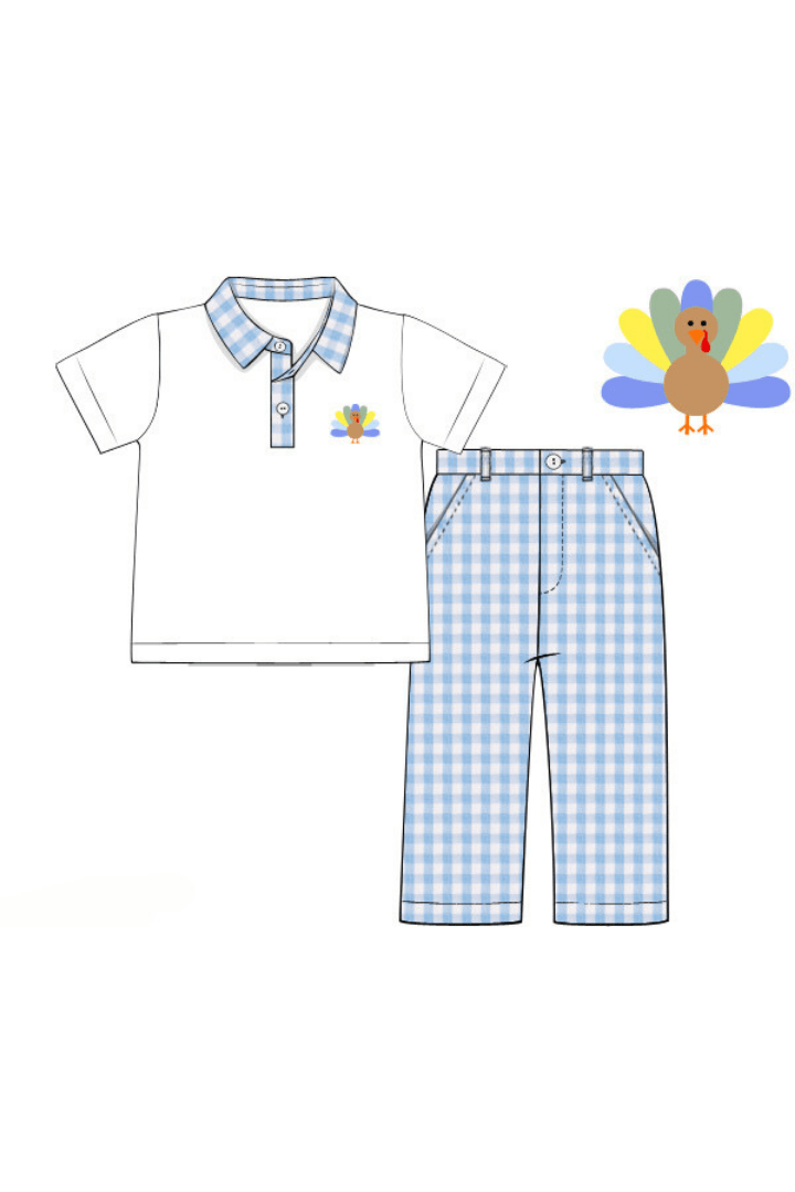 The Smocked Flamingo Apparel & Accessories Blue Seersucker Turkey Pant Set