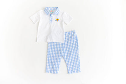 The Smocked Flamingo Apparel & Accessories Blue Seersucker Turkey Pant Set