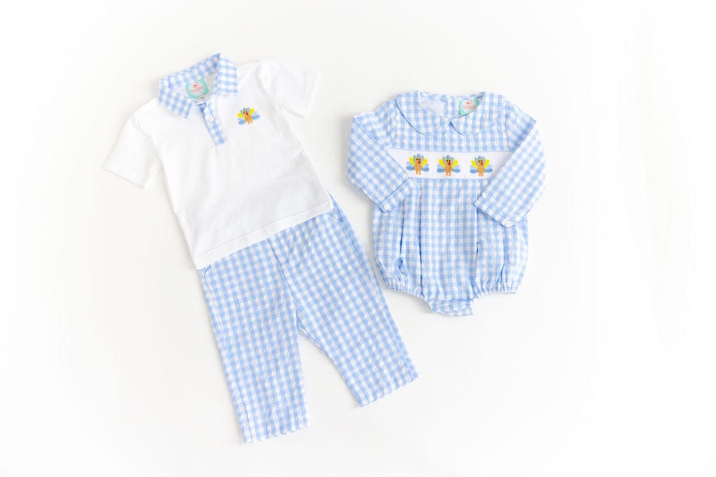 The Smocked Flamingo Apparel & Accessories Blue Seersucker Turkey Pant Set