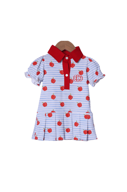 The Smocked Flamingo Apparel & Accessories Blue Stripe Apple Polo Dress