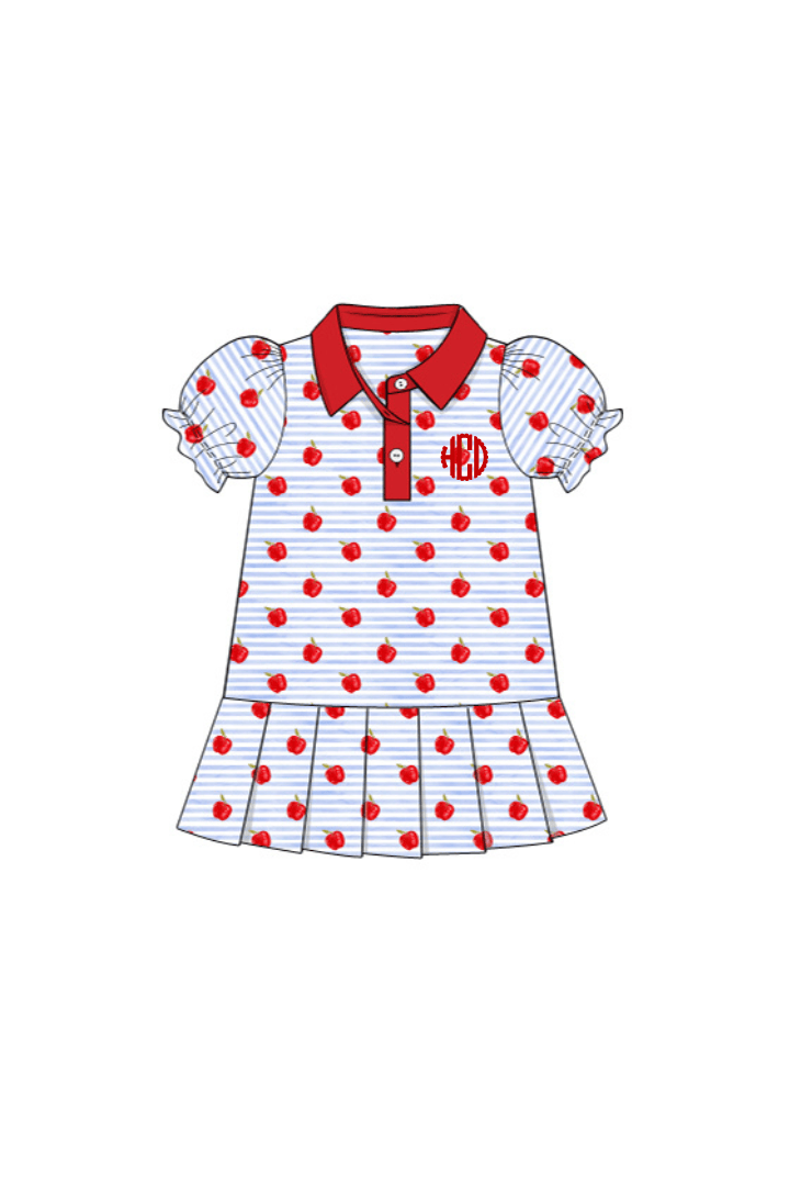 The Smocked Flamingo Apparel & Accessories Blue Stripe Apple Polo Dress