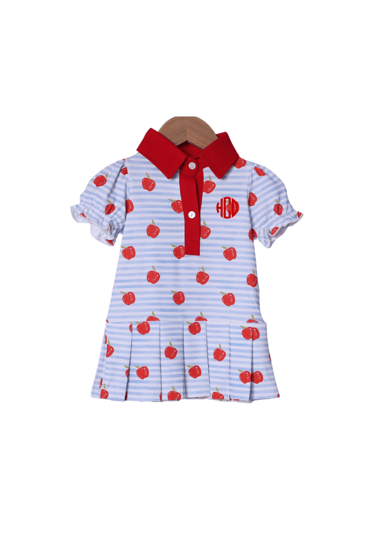 The Smocked Flamingo Apparel & Accessories Blue Stripe Apple Polo Dress
