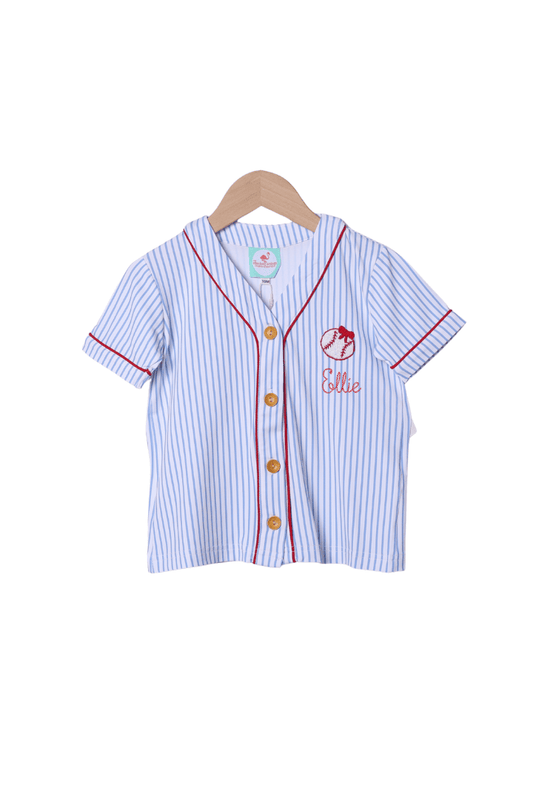 The Smocked Flamingo Apparel & Accessories Blue Stripe Baseball Bow Jersey