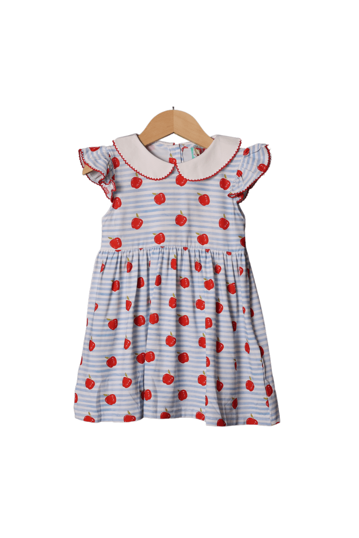 The Smocked Flamingo Apparel & Accessories Blue Stripe Knit Apple Dress