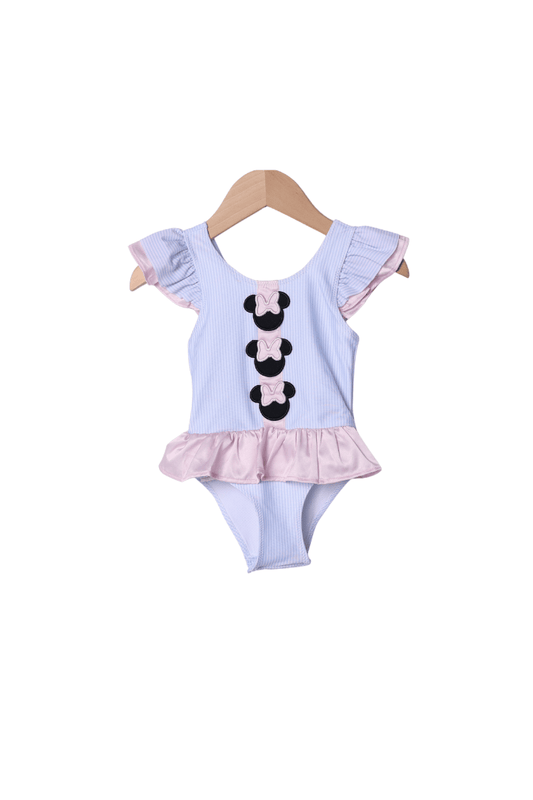 The Smocked Flamingo Apparel & Accessories Blue Stripe Pink Ruffle Mouse Swimsuit