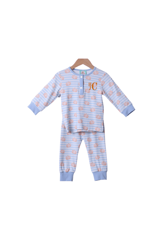 The Smocked Flamingo Apparel & Accessories Blue Stripe Pumpkin Pajamas