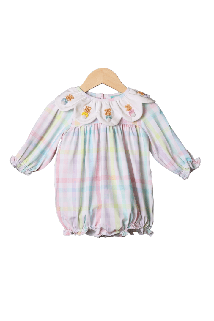 Red character hand smocked plaid ruffle bubble