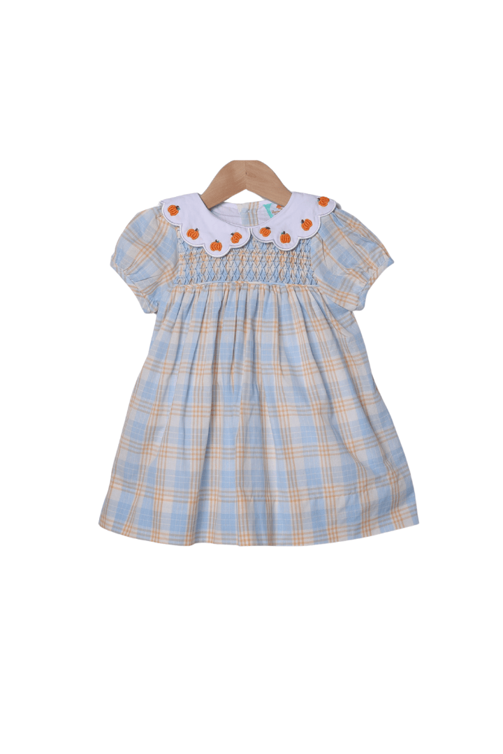 The Smocked Flamingo Apparel & Accessories Bullion Pumpkin Blue and Orange Plaid Dress