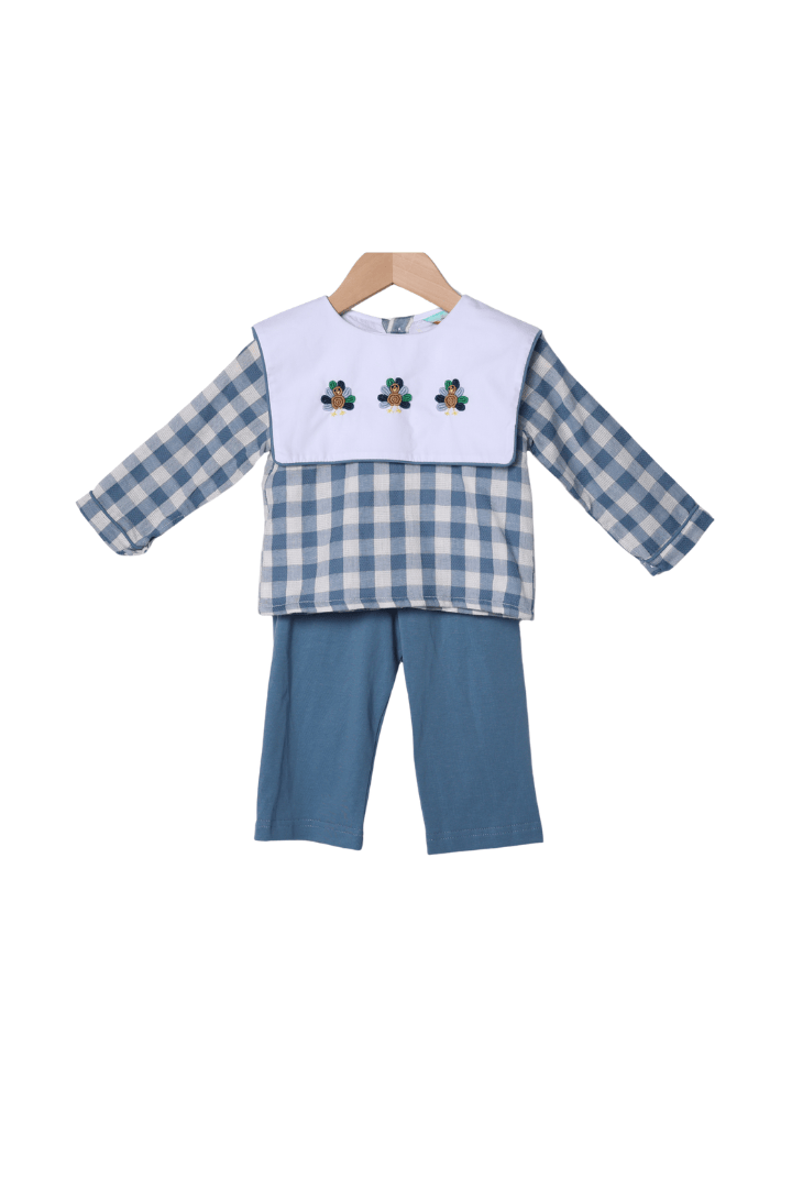 The Smocked Flamingo Apparel & Accessories Bullion Turkey Blue Linen Gingham Pant Set