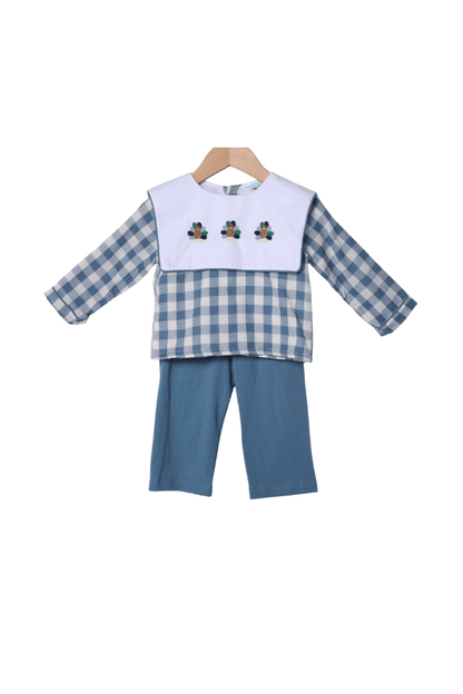 The Smocked Flamingo Apparel & Accessories Bullion Turkey Blue Linen Gingham Pant Set