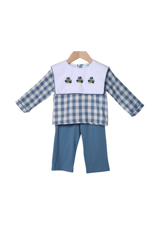 The Smocked Flamingo Apparel & Accessories Bullion Turkey Blue Linen Gingham Pant Set