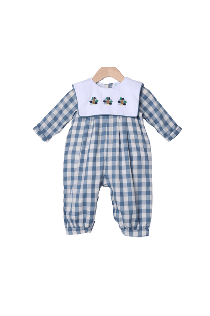 The Smocked Flamingo Apparel & Accessories Bullion Turkey Blue Linen Gingham Romper