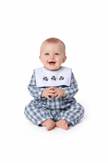 The Smocked Flamingo Apparel & Accessories Bullion Turkey Blue Linen Gingham Romper