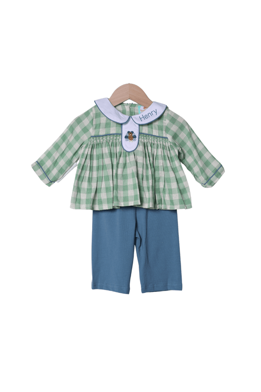 The Smocked Flamingo Apparel & Accessories Bullion Turkey Mint/Stone Linen Gingham Pant Set