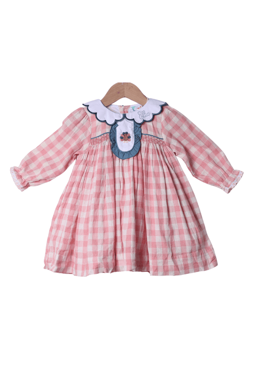 The Smocked Flamingo Apparel & Accessories Bullion Turkey Pink Linen Gingham Ruffle Dress