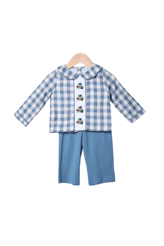 The Smocked Flamingo Apparel & Accessories Bullion Turkey Stone Blue Gingham Pant Set