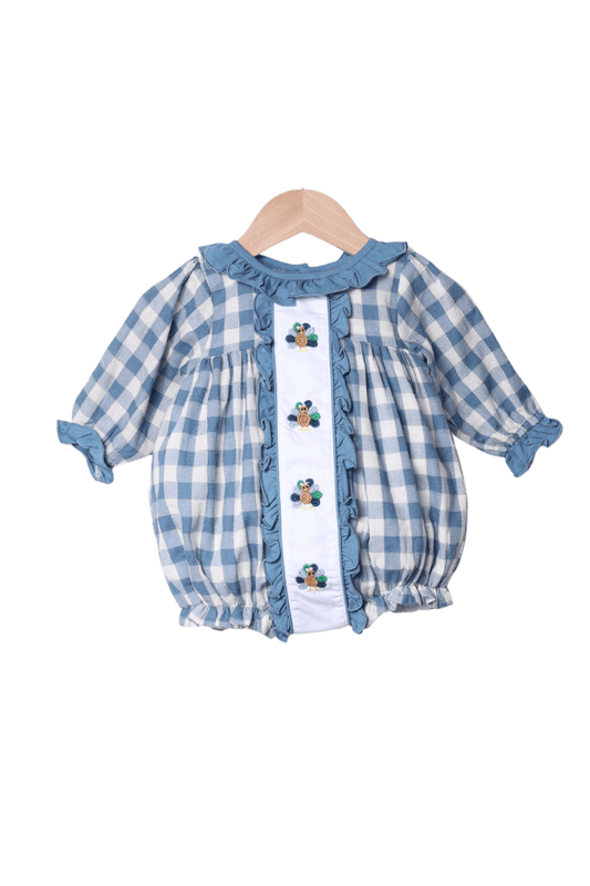The Smocked Flamingo Apparel & Accessories Bullion Turkey Stone Blue Gingham Ruffle Bubble