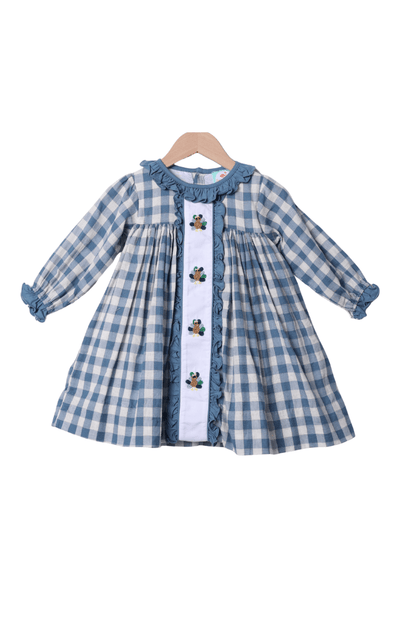 The Smocked Flamingo Apparel & Accessories Bullion Turkey Stone Blue Gingham Ruffle Dress