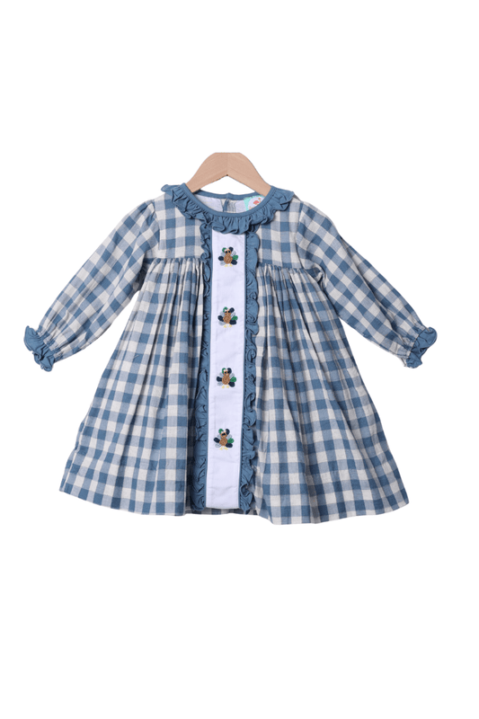 The Smocked Flamingo Apparel & Accessories Bullion Turkey Stone Blue Gingham Ruffle Dress