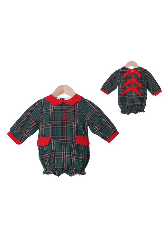 The Smocked Flamingo Apparel & Accessories Christmas Green Flannel Plaid/Red Corduroy Bow Bubble