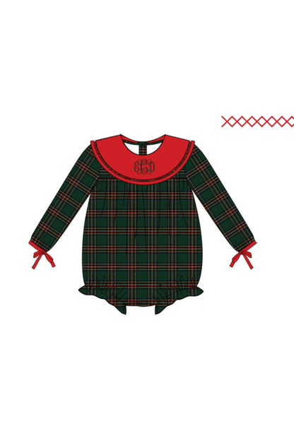 The Smocked Flamingo Apparel & Accessories Christmas Green Flannel Plaid/Red Corduroy Collar Bow Bubble
