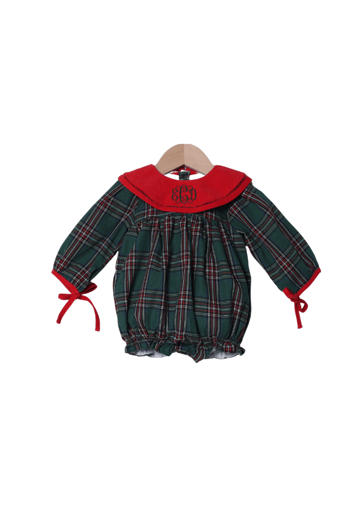 The Smocked Flamingo Apparel & Accessories Christmas Green Flannel Plaid/Red Corduroy Collar Bow Bubble
