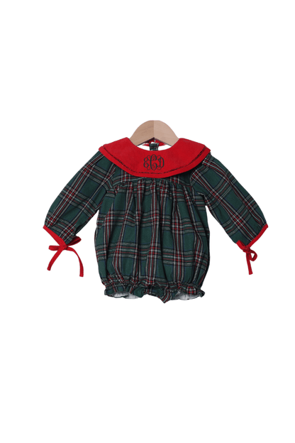 The Smocked Flamingo Apparel & Accessories Christmas Green Flannel Plaid/Red Corduroy Collar Bow Bubble