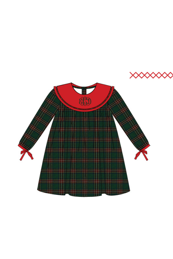 The Smocked Flamingo Apparel & Accessories Christmas Green Flannel Plaid/Red Corduroy Collar Bow Dress