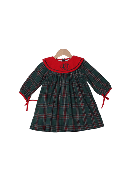 The Smocked Flamingo Apparel & Accessories Christmas Green Flannel Plaid/Red Corduroy Collar Bow Dress