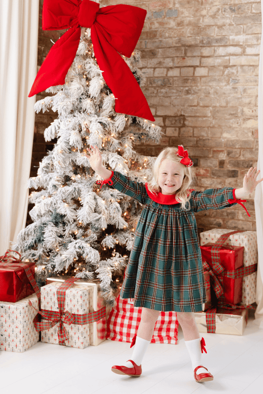 The Smocked Flamingo Apparel & Accessories Christmas Green Flannel Plaid/Red Corduroy Collar Bow Dress