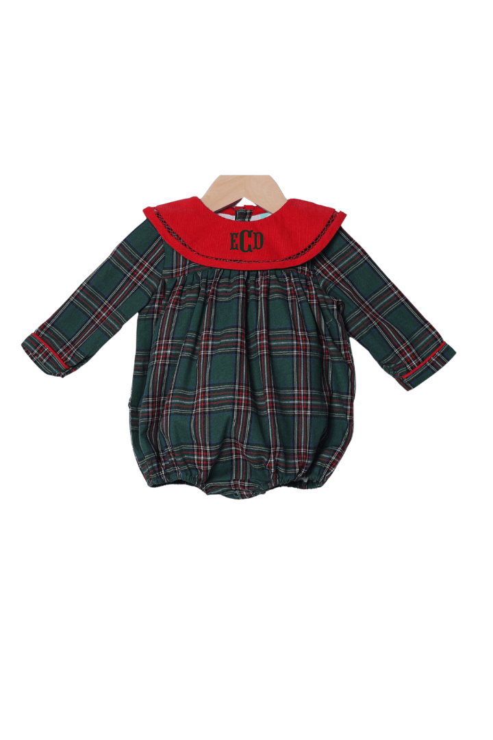 The Smocked Flamingo Apparel & Accessories Christmas Green Flannel Plaid/Red Corduroy Collar Bubble