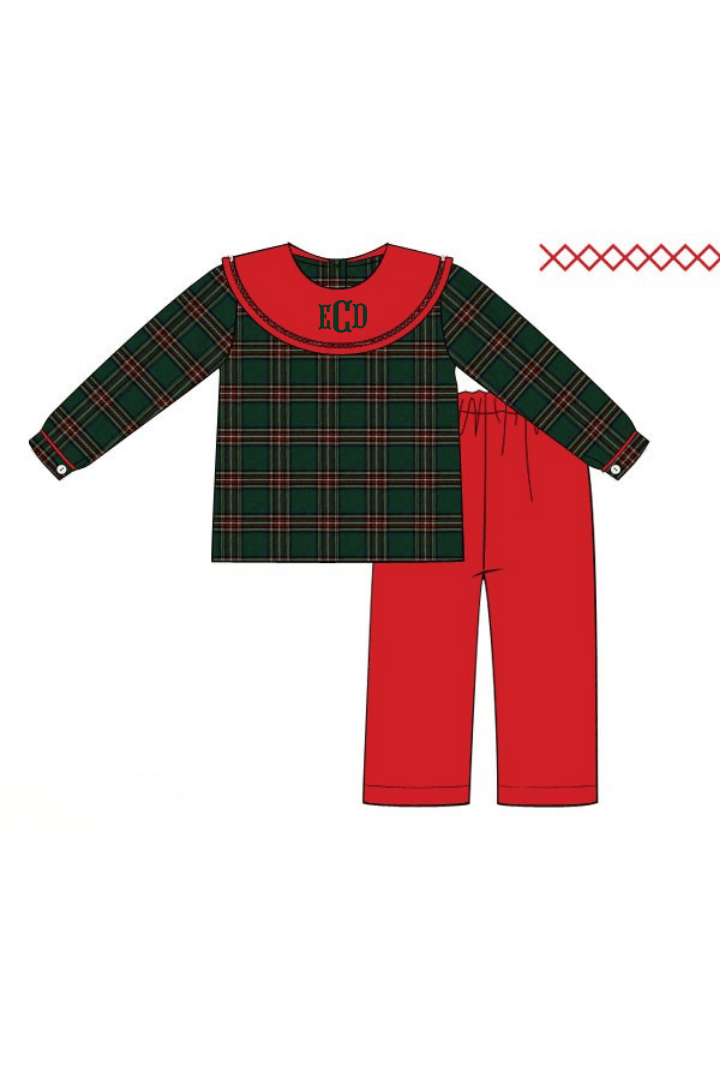 The Smocked Flamingo Apparel & Accessories Christmas Green Flannel Plaid/Red Corduroy Collar Pant Set