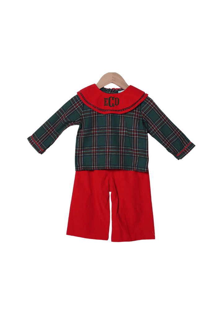 The Smocked Flamingo Apparel & Accessories Christmas Green Flannel Plaid/Red Corduroy Collar Pant Set