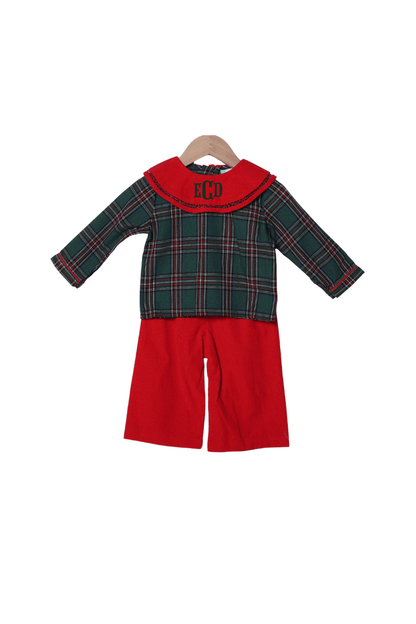 The Smocked Flamingo Apparel & Accessories Christmas Green Flannel Plaid/Red Corduroy Collar Pant Set