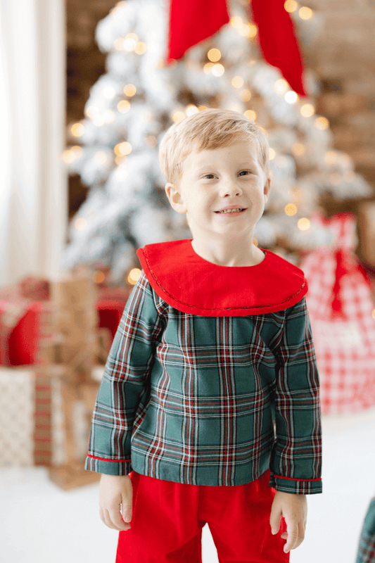 The Smocked Flamingo Apparel & Accessories Christmas Green Flannel Plaid/Red Corduroy Collar Pant Set