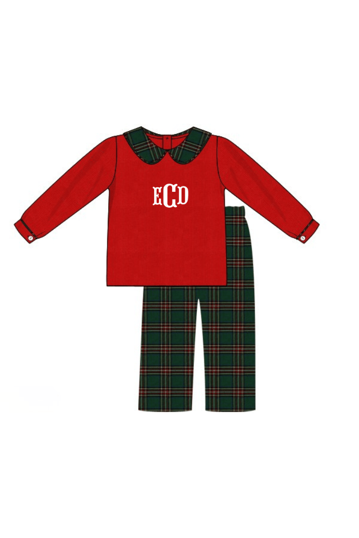 The Smocked Flamingo Apparel & Accessories Christmas Green Flannel Plaid/Red Corduroy Pant Set