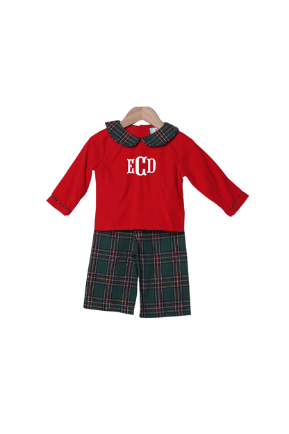 The Smocked Flamingo Apparel & Accessories Christmas Green Flannel Plaid/Red Corduroy Pant Set