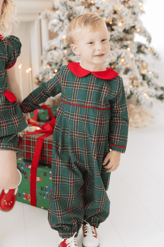The Smocked Flamingo Apparel & Accessories Christmas Green Flannel Plaid/Red Corduroy Romper