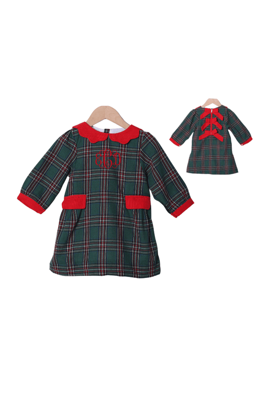 The Smocked Flamingo Apparel & Accessories Christmas Green Tartan Plaid/Red Corduroy Bow Dress